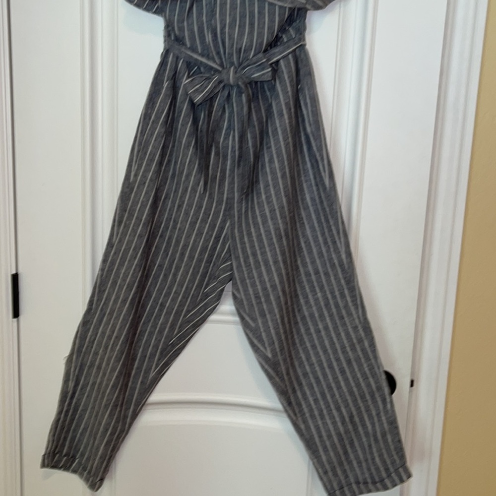 🌺 Avec Les Filles; Gray/White Railroad-Striped Linen Jumpsuit in Misses Sz. S! - Picture 8 of 13